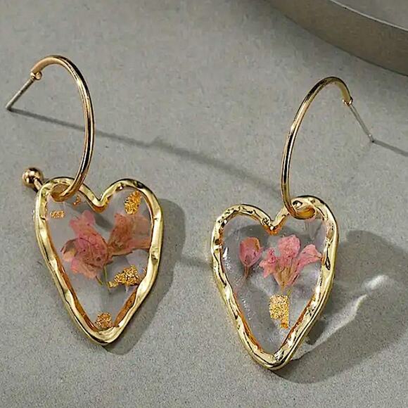 Gold Boho Flower Glass Dangle Earrings - Picture 3 of 4